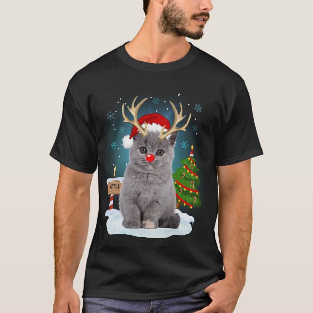 Funny Ugly Sweater Cat Rentier North Pole Christm T-Shirt (Vorderseite)