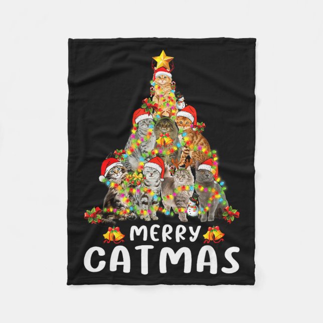 Funny Ugly Sweater Christmas Tree Shirt Cat Lights Fleecedecke (Vorderseite)