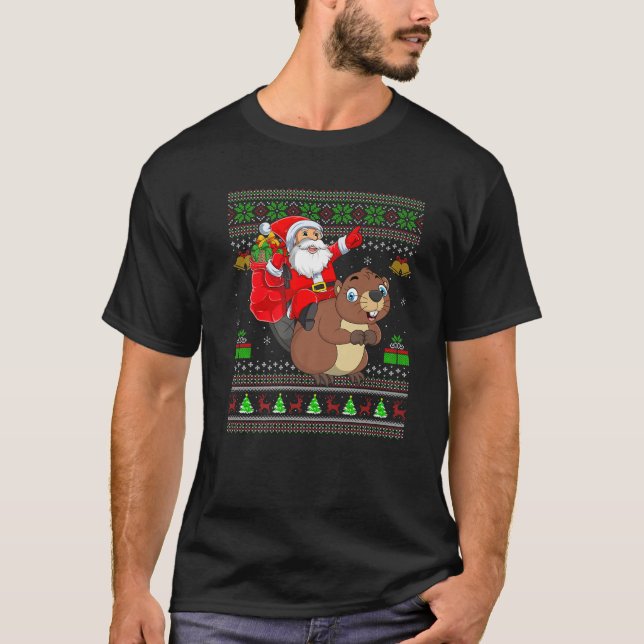 Funny Ugly Xmas Santa Riding Beaver Christmas T-Shirt (Vorderseite)