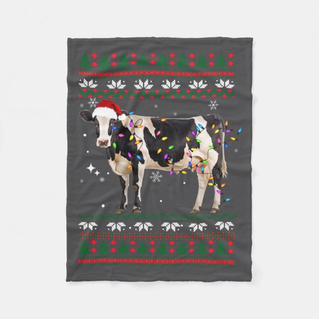 Funny Ugly Xmas Sweater Dairy Cow Farmer Lights Ch Fleecedecke (Vorderseite)