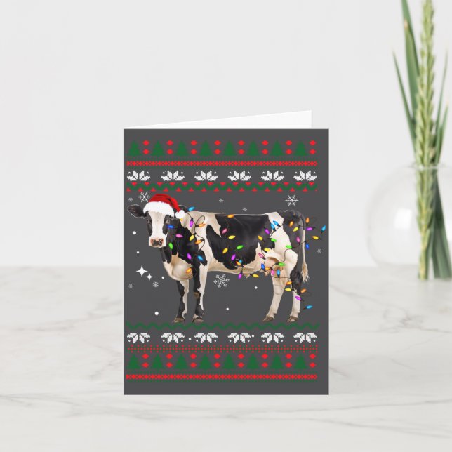 Funny Ugly Xmas Sweater Dairy Cow Farmer Lights Ch Karte (Vorderseite)