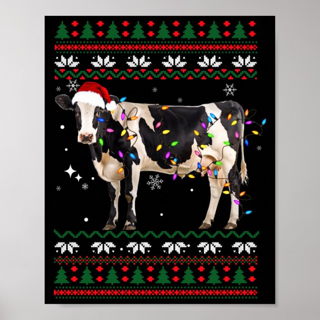 Funny Ugly Xmas Sweater Dairy Cow Farmer Lights Ch Poster (Vorne)