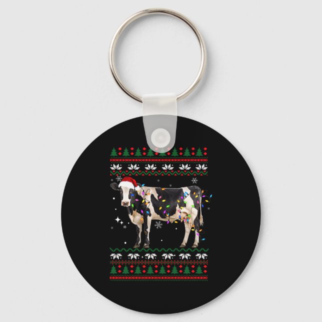 Funny Ugly Xmas Sweater Dairy Cow Farmer Lights Ch Schlüsselanhänger (Vorderseite)