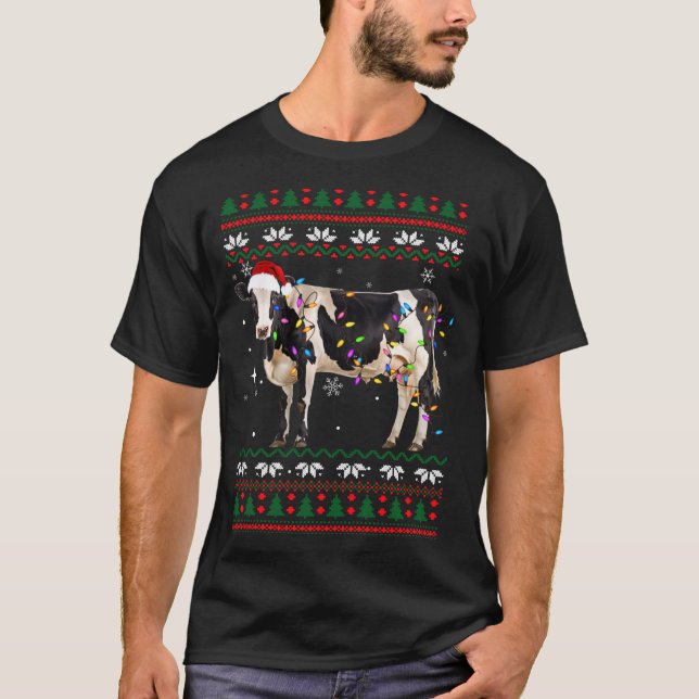 Funny Ugly Xmas Sweater Dairy Cow Farmer Lights Ch T-Shirt (Vorderseite)