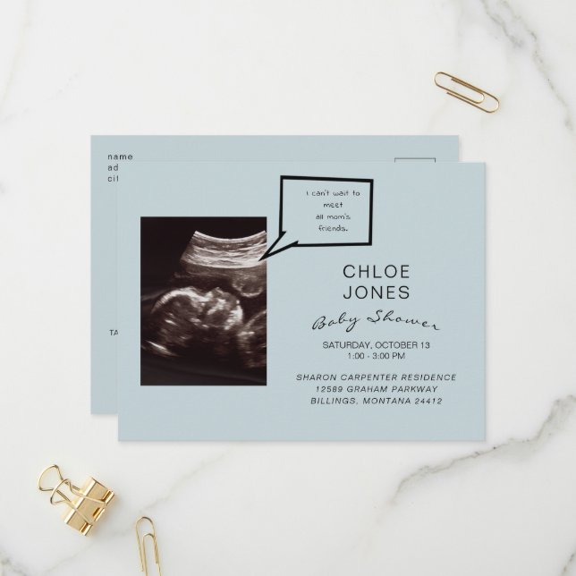 Funny Ultrasound Baby Dusche Blauer Einladung (Vorderseite/Rückseite Beispiel)