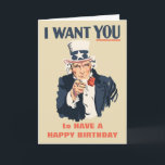 Funny Uncle Sam Patriotic Birthday Karte<br><div class="desc">Uncle Sam will dir einen glücklichen Geburtstag! Diese Geburtstagskarte hat das Aussehen des klassischen Uncle Sam Rekrutierungspakets und ist somit perfekt für amerikanische Geschichtsschwärmer, patriotische Freunde und vieles mehr. Außerdem können sowohl der rote als auch der marineblau Text auf der Innenseite dieser Karte mit Ihrem Gruß angepasst werden, sodass Sie...</div>
