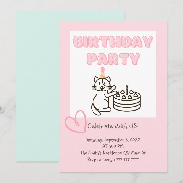 Funny und Niedlich Cat&Cake Einladung zum Geburtst (Vorne/Hinten)