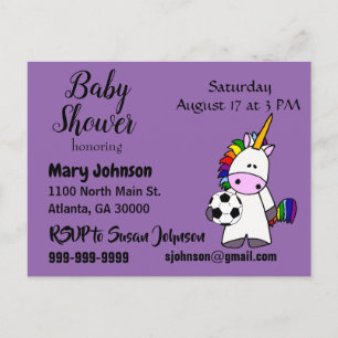 Funny Unicorn Playing Soccer Baby Shower Einladungspostkarte
