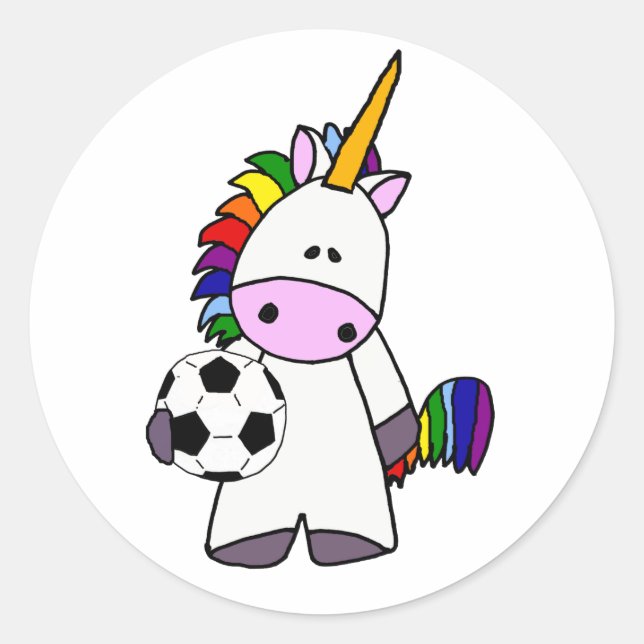Funny Unicorn Playing Soccer Cartoon Runder Aufkleber (Vorderseite)