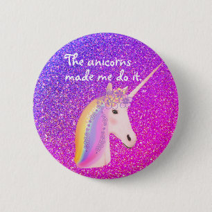 Funny Unicorn Rainbow Fantasy Purple Pink Glitter Button
