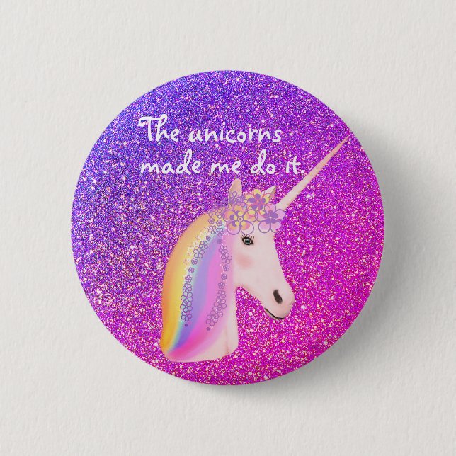 Funny Unicorn Regenbogen Fantasy Lila Pink Glitzer Button (Vorderseite)