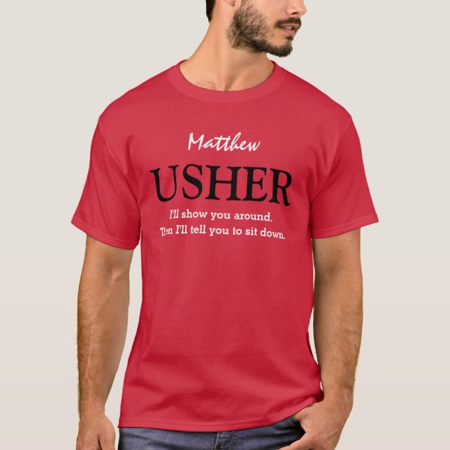 Funny Usher Customizable Wedding Party V03 RED T-Shirt (Vorderseite)
