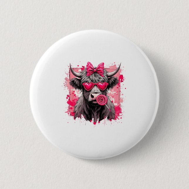 Funny Valentine Highland Cow Lollip Heart Art Nk L Button (Vorderseite)