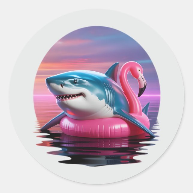 Funny Vaporwave Shark on Flamingo Pool Float Runder Aufkleber (Vorderseite)