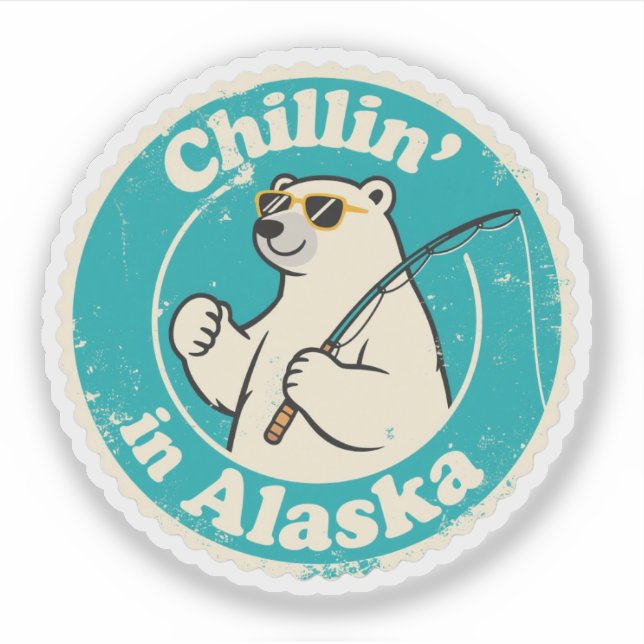Funny Vintag Alaska Chillin Polar Bear Fischen Aufkleber (Vorderseite)