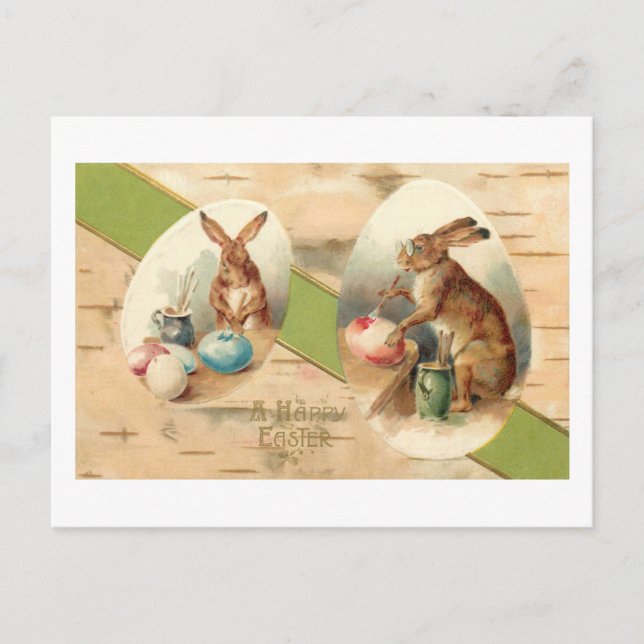 Funny Vintag Bunnies Malerei Ostereier Feiertagspostkarte (Vorderseite)