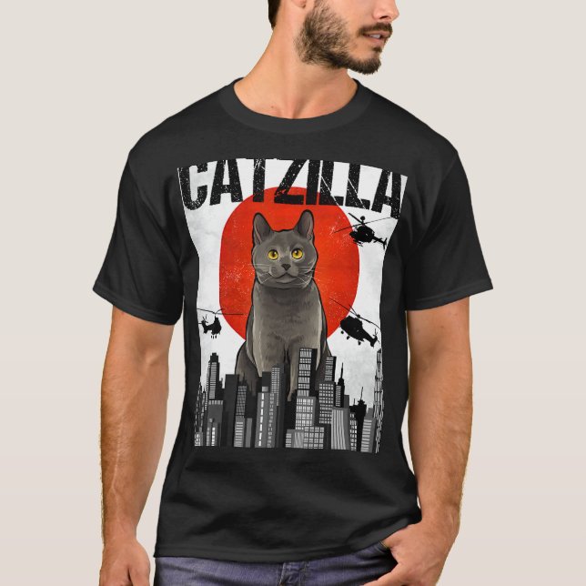 Funny Vintag Catzilla Chartreux Cat T-Shirt (Vorderseite)