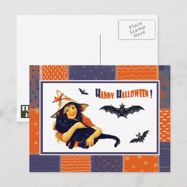 Funny Vintag Girl Halloween Postcard Postkarte (Vorne/Hinten)