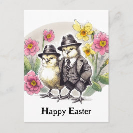 Funny Vintag Oaster Chicks Rosa Gelbe Blumen Postkarte