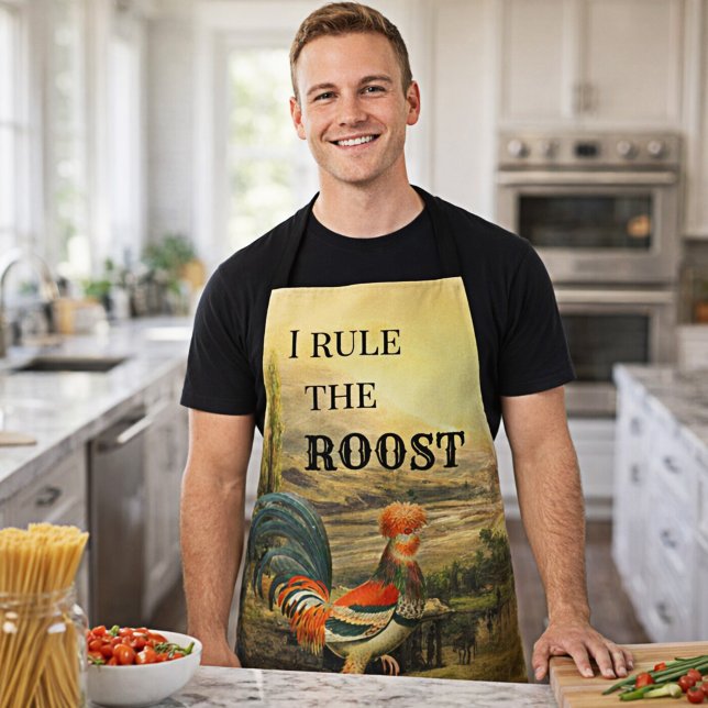 Funny Vintag Rooster Roast Schürze (Apron featuring a vintage landscape scene with a colorful rooster and your custom funny texts)
