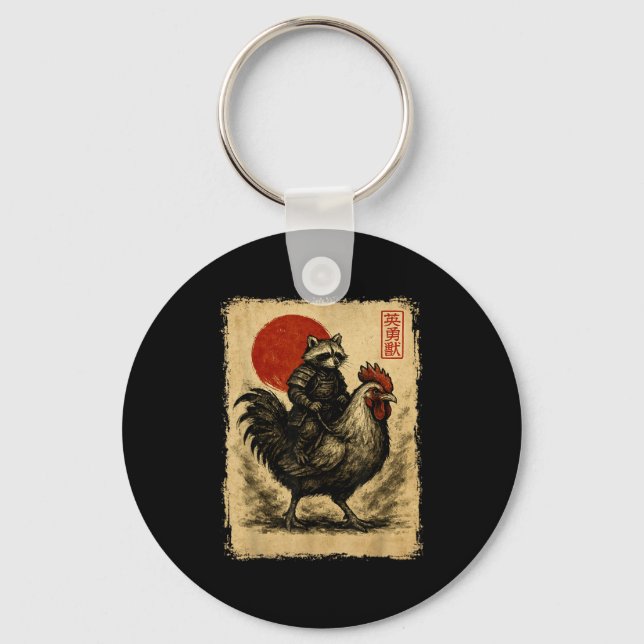 Funny Vintage Raccoon Rooster Chicken Japanese Uki Schlüsselanhänger (Vorderseite)