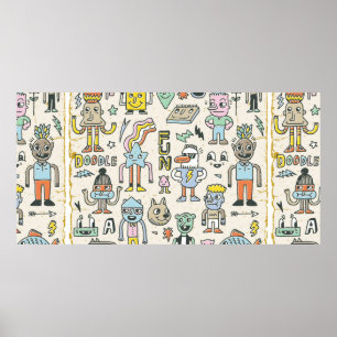 Funny Wacky Doodle Characters Set 2. Vintag Textu Poster