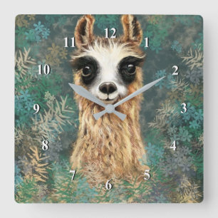 Funny Wall Clock Curious Playful Llama - Smile Quadratische Wanduhr
