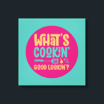Funny Was kocht Gute Küche Retro Kunst Leinwanddruck<br><div class="desc">Bunte Typografie mit Retro und lebhaften Farben. Die sonnigen Punts und Zitate über Essen,  Kochen,  Backen und Essen. Perfekte Dekoration für Ihre Küche,  Ihr Abendessen,  Café,  Bäckerei oder Restaurant. Die Hintergrundfarbe (Kreis und Quadrat) ist über das Design Tool anpassbar.</div>