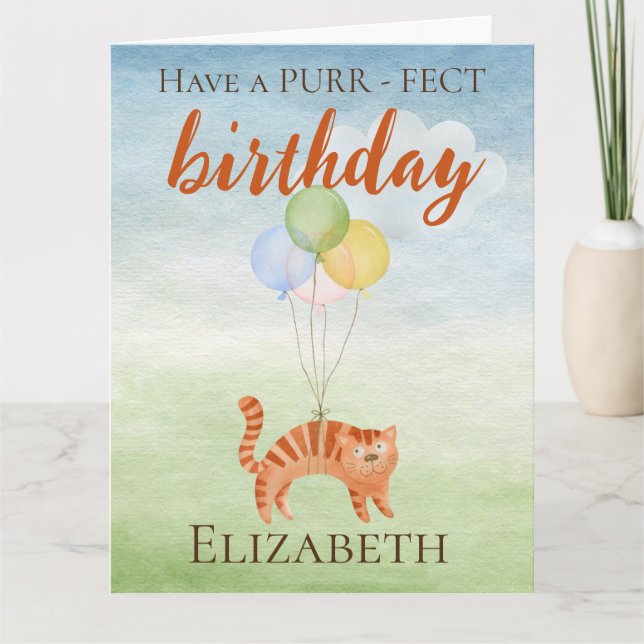 Funny Watercolor Birthday Cat Balloons Card Karte (Vorderseite)