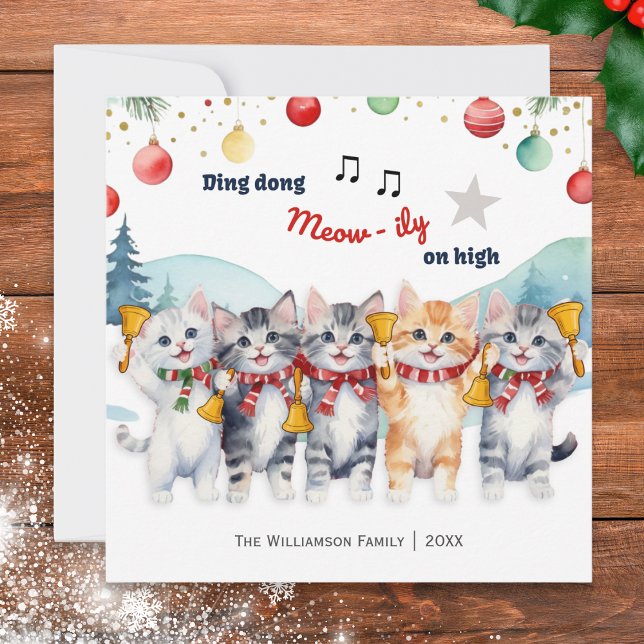 Funny Watercolor Cats Chor Weihnachten (A Christmas card featuring cats playing handbells, in a watercolor style)