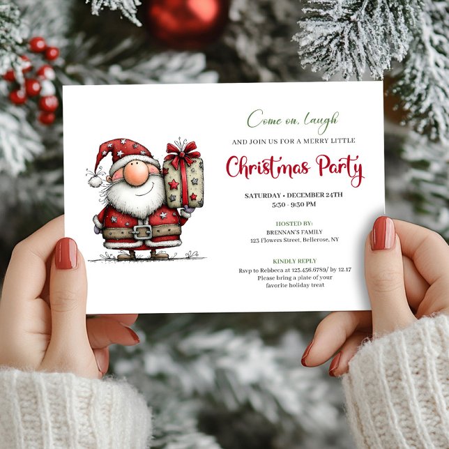 Funny watercolor Santa Christmas party invitation Einladung (Whimsical Red Green Funny Santa Party Invitation)