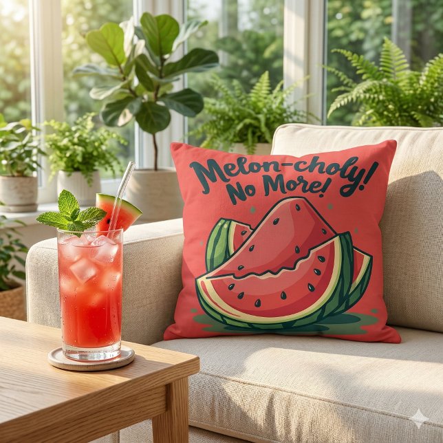 Funny Watermelon Pun "Melon-choly No more" Kissen (Funny Watermelon Pun Melon-choly No More Throw Pillow Mockup A)