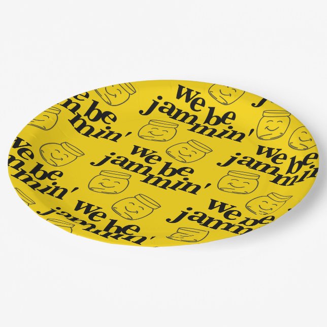 Funny We Be Jammin's lächelnde Tanzsaunen Pappteller (Schrägansicht)