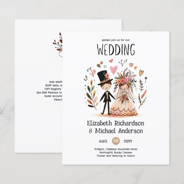 Funny Wedding Cartoon Bride Groom Handgezeichnet (Vorne/Hinten)