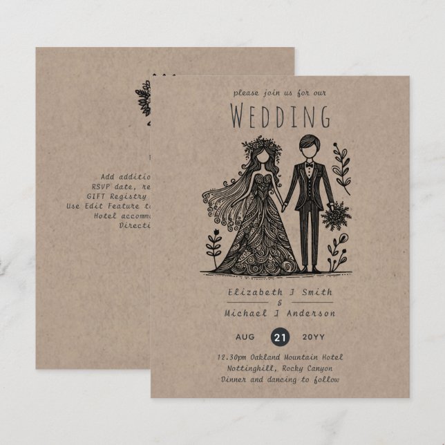 Funny Wedding Cartoon Bride Groom Handgezeichnet (Vorne/Hinten)