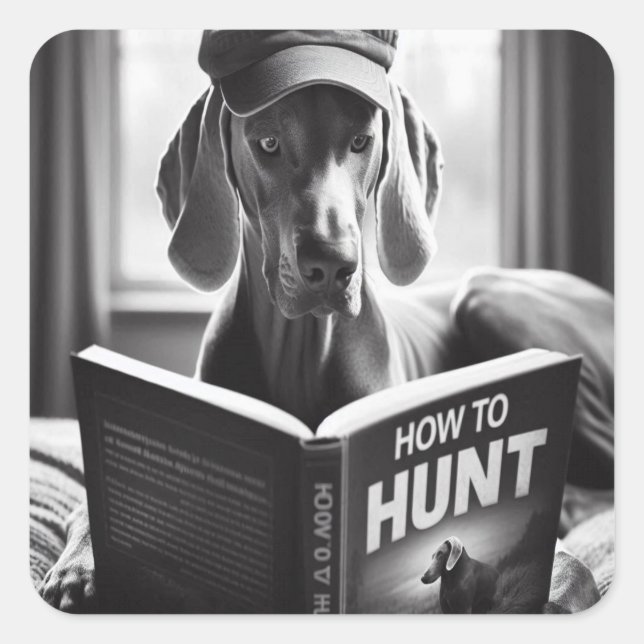 Funny Weimaraner liest ein Buch über die Jagd Quadratischer Aufkleber (Vorderseite)