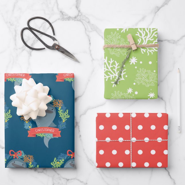 Funny Whale Hai mit Namen Weihnachten Geschenkpapier Set (Vorderseite)