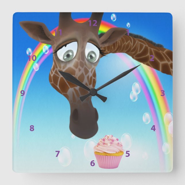 Funny Whimsical Giraffe, Cupcake & Rainbow Quadratische Wanduhr (Vorderseite)