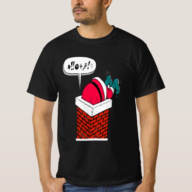 Funny Whimsical Santa Got im Kamin stecken T-Shirt (Vorderseite)