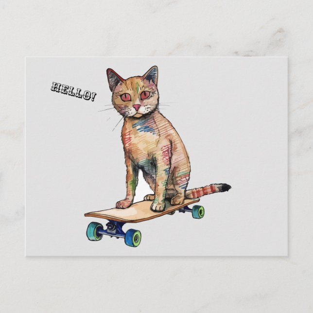 Funny Whimsisical Cat Skateboarding Postcard Postkarte (Vorderseite)
