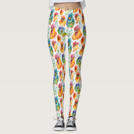 Funny Whimsisical Watercolor Style Chickens Leggings