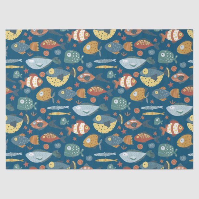 Funny Whimsisiean Sea Fish Blue Muster Seidenpapier (Vorderseite)