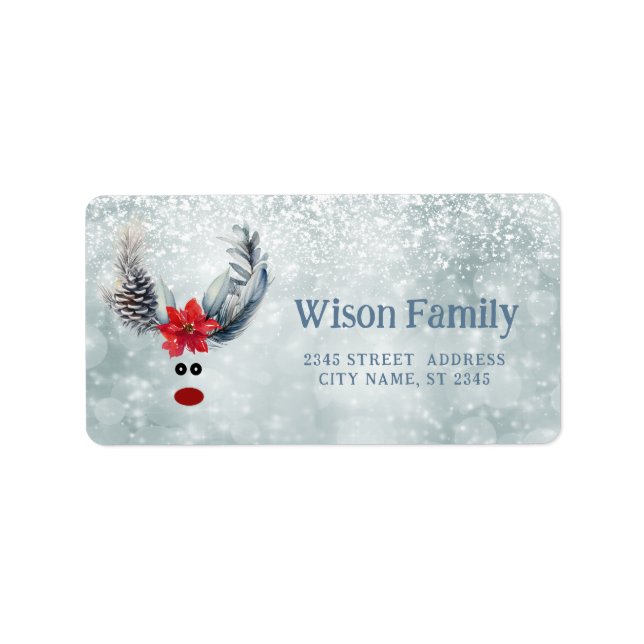 Funny whimsy poinsettia Rentiere Ferienlabel Adressaufkleber (Vorne)