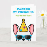 Funny White Bulldog Frenchie Birthday Card Karte<br><div class="desc">Wenn Sie jemanden kennen, der französische Bullhunde Lieben hat und einen guten Spaß hat, ist diese lustige Geburtstagskarte ideal, um sie an ihrem besonderen Tag zu schicken. Das Design zeigt eine Cartoon-Darstellung eines weißen französischen Bulldoggen mit einem Party-Hut und einer Sonnenbrille mit der Aufschrift "Verzeihen Sie meine Franzosen! Du bist...</div>