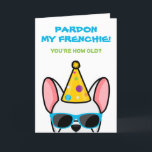 Funny White Bulldog Frenchie Birthday Card Karte<br><div class="desc">Wenn Sie jemanden kennen, der französische Bullhunde Lieben hat und einen guten Spaß hat, ist diese lustige Geburtstagskarte ideal, um sie an ihrem besonderen Tag zu schicken. Das Design zeigt eine Cartoon-Darstellung eines weißen französischen Bulldoggen mit einem Party-Hut und einer Sonnenbrille mit der Aufschrift "Verzeihen Sie meine Franzosen! Du bist...</div>