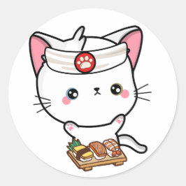 Funny white cat ist ein Sushi-Koch Runder Aufkleber
