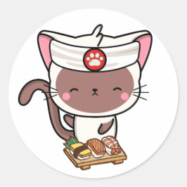 Funny white cat ist ein Sushi-Koch Runder Aufkleber