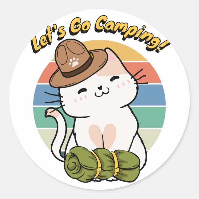Funny White Cat will Camping zu gehen Runder Aufkleber (Vorderseite)