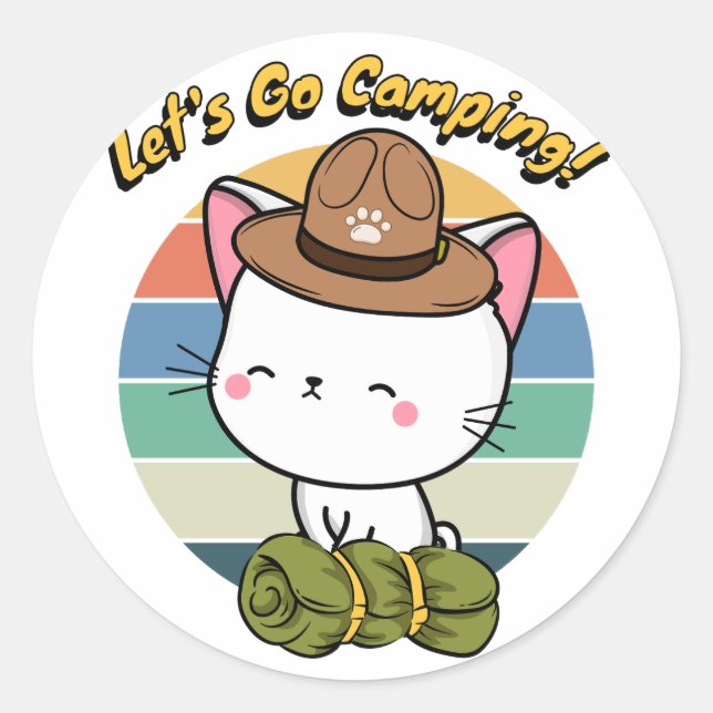 Funny White Cat will Camping zu gehen Runder Aufkleber (Vorderseite)