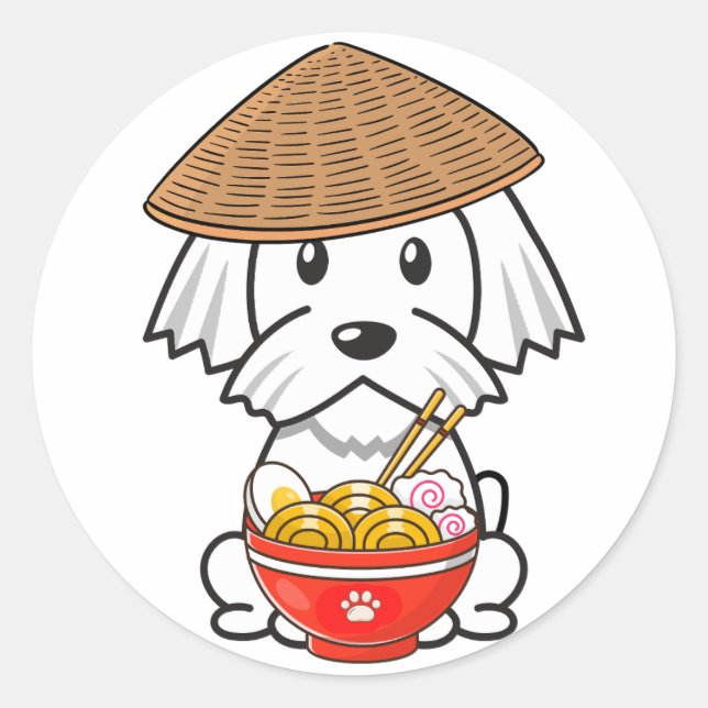 Funny White Dog isst Nudeln Runder Aufkleber (Vorderseite)